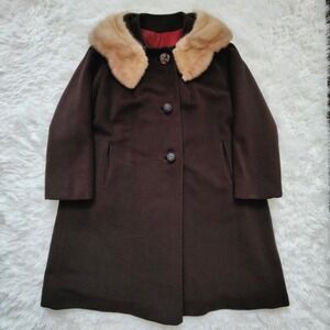 Vtg MCM 50s 60s Swing Car Coat Chocolate Brown Wool Silver Mink Fur Collar Union